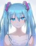  1girl aqua_eyes aqua_hair bra_strap hatsune_miku head_tilt long_hair looking_at_viewer saitou_naoki solo twintails upper_body vocaloid white_background 