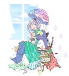  1girl alternate_costume animal_on_lap bird blue_sky book book_stack bookmark fish flower glasses_on_head green_eyes hair_flower hair_ornament hairband highres hydrangea japanese_clothes kimono konpaku_youmu lavender_hair lolita_hairband looking_at_viewer needle octopus okumura_neri open_book open_mouth penguin pillow pincushion short_hair sitting sky solo stool thread touhou turtle umbrella window yukata 