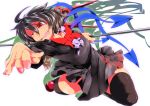  1girl arm_up asymmetrical_wings black_dress black_hair black_legwear bow clenched_teeth dress houjuu_nue kneeling looking_at_viewer no_panties open_mouth polearm puffy_short_sleeves puffy_sleeves red_eyes red_shoes shoes short_sleeves solo teinba thigh-highs touhou trident uneven_eyes weapon wings zettai_ryouiki 