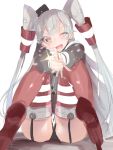  1girl ;d amatsukaze_(kantai_collection) black_panties blush garter_straps hoyashi_rebirth kantai_collection long_hair looking_at_viewer one_eye_closed open_mouth panties pointing pointing_at_viewer red_legwear silver_hair simple_background sitting smile solo sparkle sweatdrop thigh-highs twintails underwear white_background yellow_eyes 