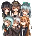 6+girls age_difference age_regression ahoge amatsukaze_(kantai_collection) bandana black_hair braid brown_hair closed_eyes detached_sleeves green_hair hair_ornament hair_ribbon kantai_collection kitakami_(kantai_collection) kongou_(kantai_collection) long_hair looking_at_viewer mini_hat mizushina_minato mochizuki_(kantai_collection) multiple_girls nontraditional_miko one_eye_closed open_mouth petting pleated_skirt ribbon sailor_collar school_uniform silver_hair simple_background skirt smile suzuya_(kantai_collection) violet_eyes white_background yellow_eyes younger yuubari_(kantai_collection) 