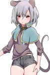  1girl adapted_costume alternate_costume animal_ears blush capelet collar grey_hair jewelry long_sleeves looking_at_viewer mouse_ears mouse_tail nazrin necklace red_eyes short_hair shorts simple_background solo striped sweater tail tojo_(strit2p) touhou white_background 