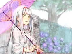  1girl absurdres baffu blush brick_wall colored flower garden hairband headband highres holding hydrangea japanese_clothes kantai_collection long_hair monochrome oriental_umbrella outdoors shoukaku_(kantai_collection) sketch smile solo tree umbrella upper_body 