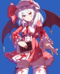 +_+ 1girl alternate_costume baisi_shaonian bat_wings blue_background book cowboy_shot cross foreshortening from_below hat highres looking_at_viewer red_eyes remilia_scarlet simple_background smile solo thigh-highs touhou white_hair white_legwear wings zettai_ryouiki 