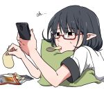  1girl bespectacled black_hair cellphone chips cushion food glasses lying mouth_hold on_stomach phone pointy_ears red-framed_glasses red_eyes shameimaru_aya shirt short_hair short_sleeves simple_background solo sweatdrop text tojo_(strit2p) touhou white_background 