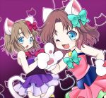  2girls animal_ears artist_name belt blue_eyes bow brown_hair cat_ears cat_paws cat_print cat_tail collar dress gloves hair_bow index_finger_raised kotomi_(happy_colors) moneko_(battle_cats) multiple_girls neneko_(battle_cats) nyanko_daisensou one_eye_closed open_mouth paws pink_dress purple_background purple_dress short_hair siblings sisters smile strapless_dress tail 