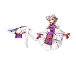  1girl ass barefoot blonde_hair bow dress gap hair_bow hair_ornament hat hat_ribbon legs long_sleeves looking_to_the_side minust mob_cap puffy_sleeves ribbon simple_background sitting smile solo tabard thigh-highs touhou violet_eyes white_background white_dress white_legwear wide_sleeves yakumo_yukari 