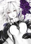  1girl atoshi black_gloves bodysuit breasts cape covered_navel flower gloves grey_eyes kantai_collection petals purple_rose rose silver_hair solo wo-class_aircraft_carrier 