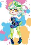  +_+ 1girl :o bike_shorts detached_collar domino_mask dress fang full_body gloves green_legwear hair_rings hand_on_hip highres hotaru_(splatoon) index_finger_raised mask mole mole_under_eye object_on_head orange_eyes paint paint_splatter pantyhose short_hair shorts_under_dress solo splatoon standing strapless_dress symbol-shaped_pupils tentacle_hair traditional_media uchiyama_(uuchiyamaa) watercolor_(medium) white_gloves 