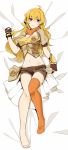  1girl blonde_hair breasts dakimakura fingerless_gloves gloves koko_shiguma looking_at_viewer lying midriff navel on_back orange_legwear rwby scarf short_shorts shorts single_thighhigh solo thigh-highs violet_eyes yang_xiao_long 