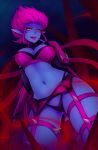 1girl black_gloves blue_skin breasts cleavage elbow_gloves evelynn fingerless_gloves gloves highres kerasu large_breasts league_of_legends looking_at_viewer navel open_mouth pink_hair pointy_ears red_eyes short_hair smile solo spikes tongue tongue_out 