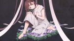  1girl barefoot black_eyes brown_hair dress flower hand_on_own_chest highres looking_at_viewer original short_hair simple_background sitting solo sonomura white_dress 