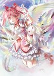  1girl :d bow clouds cloudy_sky feathered_wings feathers flying full_body gloves hair_bow highres kaname_madoka kyubey magical_girl mahou_shoujo_madoka_magica open_mouth pink_eyes pink_hair sky smile soul_gem syncaidia twintails wings 
