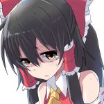  1girl black_hair bow brown_eyes face hair_bow hair_tubes hakurei_reimu kuromu_(underporno) long_hair payot portrait simple_background solo sweat touhou white_background 