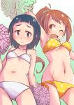  2girls bikini black_eyes black_hair brown_eyes brown_hair idolmaster idolmaster_cinderella_girls long_hair multiple_girls nyazui okazaki_yasuha pom_poms ponytail short_hair swimsuit wakabayashi_tomoka 