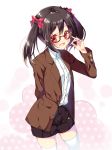  1girl arm_behind_back black_hair bow formal glasses hair_bow long_hair looking_at_viewer love_live!_school_idol_project miwabe_sakura red-framed_glasses red_bow red_eyes semi-rimless_glasses shorts smile solo sparkle standing suit thigh-highs twintails under-rim_glasses white_legwear yazawa_nico zettai_ryouiki 