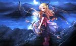  1girl blonde_hair castle demon_girl demon_horns demon_tail demon_wings highres horns lake long_hair looking_at_viewer looking_back moon night original red_eyes risutaru shirt skirt sky smile solo sword tail weapon wings 