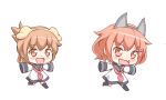  2girls :d animal_ears black_legwear brown_eyes commentary_request fake_animal_ears fang folded_ponytail hair_ornament hairclip ikazuchi_(kantai_collection) inazuma_(kantai_collection) kantai_collection kotanuki_329 long_hair long_sleeves multiple_girls neckerchief open_mouth ponytail sailor_dress short_hair simple_background sleeves_past_wrists smile thigh-highs white_background younger 