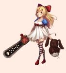  1girl bandages blonde_hair blush chainsaw dress heart highres long_hair mxj parted_lips red_shoes shoes simple_background solo stitched striped striped_legwear stuffed_animal stuffed_bunny stuffed_toy thigh-highs torn_clothes yellow_eyes 