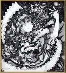  alice_margatroid apron ballpoint_pen_(medium) bow calligraphy_brush_(medium) capelet dress hair_bow hairband lance monochrome mosho open_mouth painting_(object) polearm puppet_rings puppet_strings sash shanghai_doll smile touhou traditional_media waist_apron weapon 