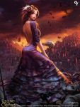  1girl bird brown_hair clouds cloudy_sky copyright_name corpse crow dated dress earrings graveyard head_feathers helmet highres jewelry legend_of_the_cryptids liangxing long_hair orange_sky purple_dress red_eyes signature skeleton skull sky solo watermark 