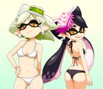  +_+ 2girls :d aori_(splatoon) ass bikini black_bikini black_hair domino_mask earrings food food_on_head gradient gradient_background green_hair hand_on_hip hotaru_(splatoon) jewelry mask mole mole_under_eye multiple_girls navel object_on_head open_mouth orange_eyes pointy_ears siblings sisters smile splatoon sushi swimsuit tentacle_hair white_bikini white_swimsuit yuta_agc 