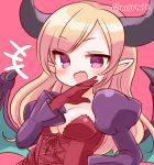 1girl :d bat_wings blonde_hair breasts cleavage demon_girl dress horns juliet_sleeves laughing lilith_(p&amp;d) long_hair long_sleeves marshmallow_mille open_mouth puffy_sleeves puzzle_&amp;_dragons smile solo violet_eyes wings 
