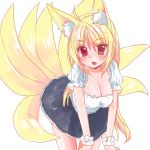  1girl ahoge animal_ears blonde_hair breasts cleavage eyebrows_visible_through_hair frilled_skirt frills highres leaning_forward ninetales open_mouth personification pokemon skirt solo tail time_an 