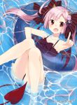  1girl ahoge alternate_costume ange_vierge blush bow demon_horns demon_tail demon_wings fang frills hair_bow hair_ornament highres horns huge_ahoge innertube legs open_mouth pink_hair pointing red_eyes sakuragi_ren solo sophina submerged swimsuit tail teardrop twintails water wings 
