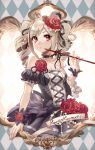  1girl argyle argyle_background bare_shoulders character_name choker crown drill_hair flower hair_flower hair_ornament idolmaster idolmaster_cinderella_girls kanzaki_ranko long_hair looking_at_viewer red_eyes ribbon silver_hair skirt solo twin_drills yuura 