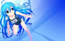  ahoge blue_eyes blue_hair izumi_konata long_hair lucky_star one-piece_swimsuit photoshop pool school_swimsuit swimming swimsuit underwater wallpaper 