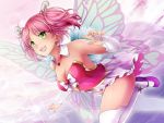  1girl :d bare_shoulders breasts bridal_gauntlets butterfly_ornament cleavage detached_collar dutch_angle fairy fairy_wings flying game_cg green_eyes hair_ornament highres hunie_pop kyu_sugardust ninamo open_mouth pink_hair purple_shoes shoes short_twintails showgirl_skirt sky smile solo thigh-highs twintails watermark white_legwear wings 