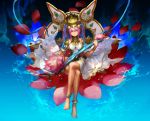  anklet bare_legs barefoot bracelet crossed_legs dress flower guitar headdress instrument jewelry lakshmi_(p&amp;d) lotus puzzle_&amp;_dragons youshun_(naturaljuice) 