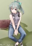  1girl anti_(untea9) bag bare_shoulders blush bow brown_eyes casual denim grey_hair hair_bow headphones headphones_around_neck highres jeans kantai_collection looking_at_viewer open_mouth pants ponytail short_hair sitting smile solo yuubari_(kantai_collection) 