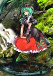  1girl boots bow breasts cape cross-laced_footwear forest front_ponytail green_eyes green_hair hair_bow interlocked_fingers kagiyama_hina large_breasts long_hair looking_at_viewer nature puffy_short_sleeves puffy_sleeves shirt short_sleeves skirt smile solo touhou umigarasu_(kitsune1963) water waterfall wrist_ribbon 