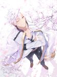  1boy brown_eyes cherry_blossoms crossed_arms from_above jacket_on_shoulders looking_at_viewer mingou91 necktie one_eye_closed original petals smile solo standing white_hair 