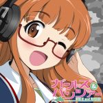  1girl blush close-up copyright_name face girls_und_panzer glasses hand_on_headphones headphones jacket long_hair looking_at_viewer military military_uniform niyang53 one_eye_closed open_mouth orange_eyes orange_hair red-framed_glasses semi-rimless_glasses smile solo takebe_saori under-rim_glasses uniform wink 