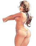  1girl ass back bangs bare_shoulders bikini blue_eyes blush breasts brown_hair highleg highleg_bikini highres kekemotsu long_hair looking_at_viewer medium_breasts open_mouth original ponytail smile solo swimsuit thighs thong thong_bikini white_bikini 