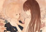  2girls blonde_hair brown_hair flower hands_on_another&#039;s_neck jitome looking_at_another looking_at_viewer mitsuki_mouse multiple_girls original sepia tagme upper_body yuri 