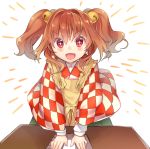  +_+ 1girl :d akayan apron bell blush brown_hair checkered hair_bell hair_ornament highres japanese_clothes kimono long_hair looking_at_viewer motoori_kosuzu open_mouth red_eyes simple_background smile solo touhou twintails white_background 