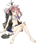  1girl anklet bag bikini bracelet cannon drew_(drew213g) fallen_down frills hair_ornament handbag jewelry kantai_collection looking_at_viewer machinery official_art pink_eyes pink_hair rabbit sandals sazanami_(kantai_collection) school_uniform skirt smoke solo sticker swimsuit torn_clothes torpedo twintails 