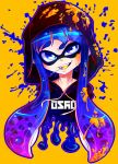  1girl absurdres blue_eyes blue_hair candy domino_mask eyebrows fang highres hoodie inkling invidiata lollipop monochrome_background mouth_hold paint raised_eyebrow simple_background smirk splatoon tentacle_hair 