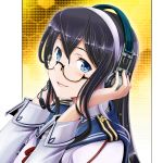  1girl black-framed_glasses black_hair blue_eyes glasses hairband hands_on_headphones headphones kantai_collection long_hair long_sleeves looking_at_viewer microphone oobayashi_mori ooyodo_(kantai_collection) parted_lips school_uniform semi-rimless_glasses serafuku smile solo under-rim_glasses upper_body yellow_background 