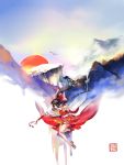  1girl ascot bare_legs bird black_hair bow detached_sleeves from_side hair_bow hair_tubes hakurei_reimu highres kamisa katana loafers long_hair mountain outstretched_arm payot red_eyes sheath sheathed shoes sky solo sun sword touhou very_long_hair weapon 