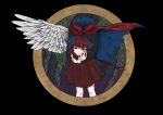  1girl absurdres angel_wings black_background black_shirt blood blood_drip bow cape disembodied_head expressionless hair_bow headless highres holding_head knees long_sleeves looking_at_viewer night pleated_skirt red_eyes red_skirt redhead sekibanki shirt single_wing skirt solo toluda touhou willow wings 