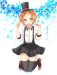  1girl bangs_pinned_back black_legwear bow collared_shirt commentary_request earrings frills green_eyes hair_bow hat high_heels hoshizora_rin jewelry jumping looking_at_viewer love_live!_school_idol_project open_mouth orange_hair overall_skirt paw_pose red_shoes sakurai_makoto_(custom_size) shirt shoes short_hair skirt solo star thigh-highs top_hat translation_request 