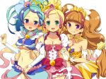  3girls :d amanogawa_kirara bare_shoulders blonde_hair blue_eyes blue_hair blush breasts brown_hair choker cleavage cure_flora cure_mermaid cure_twinkle gloves go!_princess_precure green_eyes haruno_haruka homing_(areya) kaidou_minami long_hair looking_at_viewer magical_girl midriff multicolored_hair multiple_girls navel open_mouth pink_hair ponytail precure purple_hair smile twintails two-tone_hair under_boob violet_eyes white_gloves 