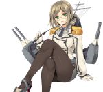  1girl brown_hair crossed_legs folded_ponytail glasses gloves green_eyes kantai_collection katori_(kantai_collection) military military_uniform necktie pantyhose pointer smile solo tamiya_akito uniform 