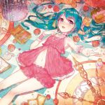  1girl bottle box cage choker clock dress flower gift gift_box green_hair hair_ribbon hatsune_miku highres long_hair looking_at_viewer lying midriff on_back open_mouth perfume_bottle pink_dress red_eyes ribbon rose solo twintails vocaloid 