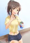  1girl anti_(untea9) blush brown_eyes brown_hair casual highres i-401_(kantai_collection) kantai_collection lens_flare looking_at_viewer navel open_mouth ponytail shaved_ice shirt short_hair short_ponytail shorts solo sweat tan tanline tied_shirt twitter_username 